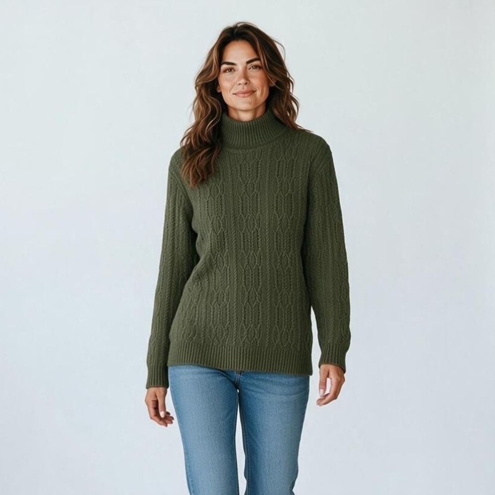 Garnet Hill Sweater Mock Neck Cable Knit Women M Olive Wool Cashmere NWOT